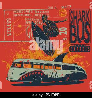 Surfer sur le rouge fond graphique avec shark-bus, modèle vectoriel Illustration de Vecteur