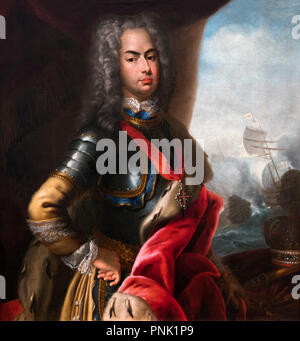 Dom João V de Portugal (1689-1750) à la bataille du Cap Matapan, portrait par Giorgio Domenico Dupra (1689-1770), huile sur toile, 1719 Banque D'Images