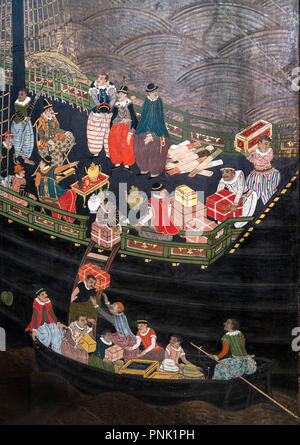 Namban attribuée à l'écran japonais Kano Domi, tempera sur papier, feuille d'or, soie, laque et métal, 1593-1602 (Momoyama). Banque D'Images