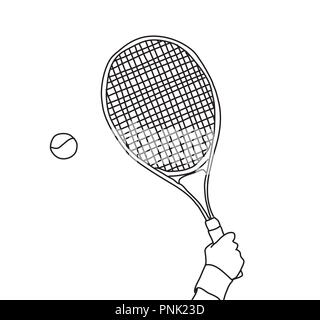 Raquette de tennis à la main ligne noir et blanc Illustration de Vecteur