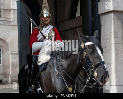Life Guard Sentry monté sur l'extérieur de Horse Guards Parade, Londres, Royaume-Uni. Banque D'Images