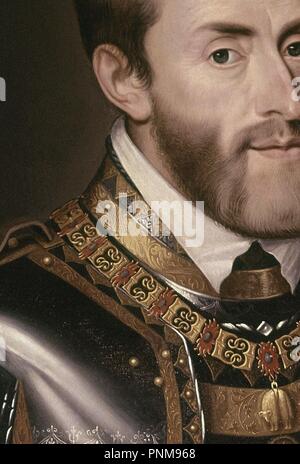 CARLOS V DETALLE DE LA CARA- PINTURA RENACENTISTA ESPAÑOLA - SIGLO XVI - OLEO SOBRE LIENZO - 117 X 159 CMS. Auteur : PANTOJA DE LA CRUZ, JUAN. Emplacement : MONASTERIO-PINTURA. SAN LORENZO DEL ESCORIAL. MADRID. L'ESPAGNE. Banque D'Images