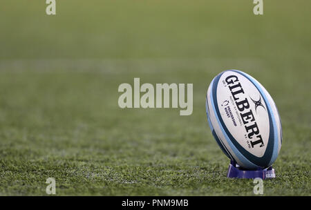 Une vue générale d'un ballon de rugby de la marque Gilbert avant le match de Premiership Gallagher Kingston Park, Newcastle. ASSOCIATION DE PRESSE Photo. Photo date : vendredi 21 septembre, 2018. Voir histoire RUGBYU PA Newcastle. Crédit photo doit se lire : Richard Ventes/PA Wire. RESTRICTIONS : un usage éditorial uniquement. Pas d'utilisation commerciale. Banque D'Images