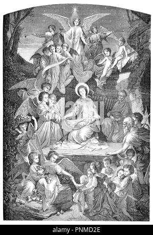 Nuit Sainte, Nativité, Sainte Marie, Joseph et l'enfant Jésus avec les anges, gravure d'époque Banque D'Images