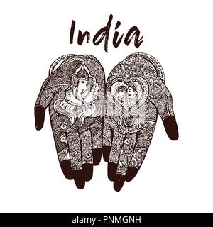 Croquis dessinés à la main, la main de style Mehndi sur eux isolé sur fond blanc. Vector illustration. Illustration de Vecteur