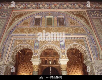 Arcos del Salón Carlos V, de l'Alcazar, Séville. Banque D'Images