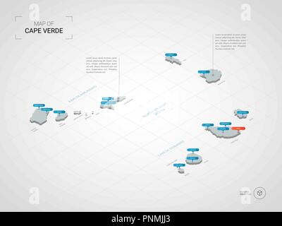 3D isométrique Cap-vert carte. Carte vectorielle illustration stylisée avec les villes, les frontières, les capitaux, les divisions administratives et pointeur marques ; bac de gradient Illustration de Vecteur