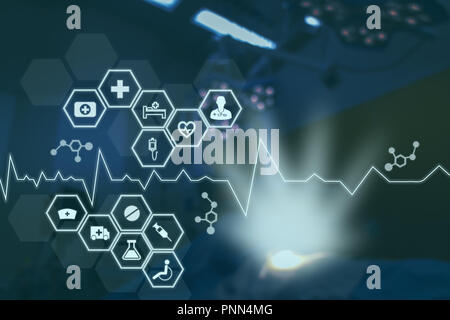 Réseau de technologie médicale en medicine concept, l'icône Connexion réseau médical moderne avec écran de l'interface virtuelle avec le fil bleu sur la technologie mesh Banque D'Images