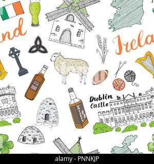 L'Irlande Sketch Doodles. Transparente Éléments irlandais avec drapeau et carte de l'Irlande, croix celtique, château, Shamrock, harpe celtique, Moulin et les moutons, Whi Illustration de Vecteur