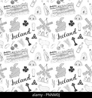 L'Irlande Sketch Doodles. Transparente Éléments irlandais avec drapeau et carte de l'Irlande, croix celtique, château, Shamrock, harpe celtique, Moulin et les moutons, Whi Illustration de Vecteur