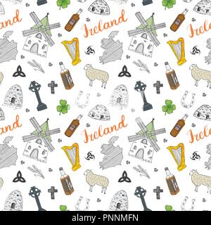 L'Irlande Sketch Doodles. Transparente Éléments irlandais avec drapeau et carte de l'Irlande, croix celtique, château, Shamrock, harpe celtique, Moulin et les moutons, Whi Illustration de Vecteur