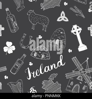 L'Irlande Sketch Doodles. Transparente Éléments irlandais avec drapeau et carte de l'Irlande, croix celtique, château, Shamrock, harpe celtique, Moulin et les moutons, Whi Illustration de Vecteur