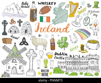 L'Irlande Sketch Doodles. Les éléments dessinés à la main, ensemble avec le drapeau irlandais et la carte de l'Irlande, croix celtique, château, Shamrock, harpe celtique, Mill et de moutons, fouetter Illustration de Vecteur