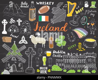 L'Irlande Sketch Doodles. Les éléments dessinés à la main, ensemble avec le drapeau irlandais et la carte de l'Irlande, croix celtique, château, Shamrock, harpe celtique, Mill et de moutons, fouetter Illustration de Vecteur