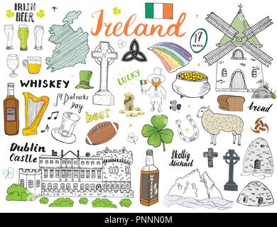 L'Irlande Sketch Doodles. Les éléments dessinés à la main, ensemble avec le drapeau irlandais et la carte de l'Irlande, croix celtique, château, Shamrock, harpe celtique, Mill et de moutons, fouetter Illustration de Vecteur