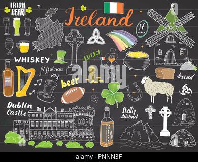 L'Irlande Sketch Doodles. Les éléments dessinés à la main, ensemble avec le drapeau irlandais et la carte de l'Irlande, croix celtique, château, Shamrock, harpe celtique, Mill et de moutons, fouetter Illustration de Vecteur