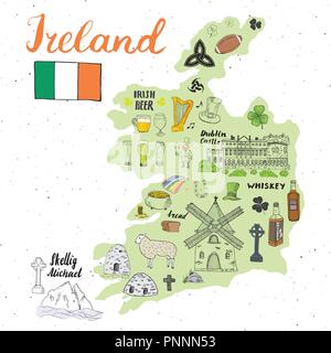 L'Irlande Sketch Doodles. Les éléments dessinés à la main, ensemble avec le drapeau irlandais et la carte de l'Irlande, croix celtique, château, Shamrock, harpe celtique, Mill et de moutons, fouetter Illustration de Vecteur