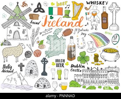 L'Irlande Sketch Doodles. Les éléments dessinés à la main, ensemble avec le drapeau irlandais et la carte de l'Irlande, croix celtique, château, Shamrock, harpe celtique, Mill et de moutons, fouetter Illustration de Vecteur