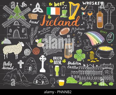 L'Irlande Sketch Doodles. Les éléments dessinés à la main, ensemble avec le drapeau irlandais et la carte de l'Irlande, croix celtique, château, Shamrock, harpe celtique, Mill et de moutons, fouetter Illustration de Vecteur