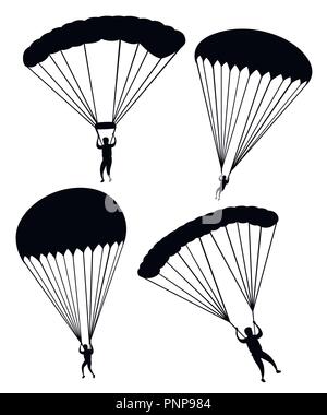 Silhouette noire. En vol de parachutiste. Ensemble de parachutistes. Télévision vector illustration isolé sur fond blanc. Illustration de Vecteur