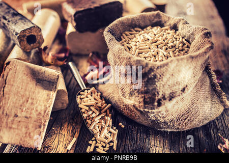 Pressé de bûches de bois et granulés de bois à partir de la biomasse avec les feuilles d'automne. Banque D'Images