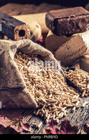 Pressé de bûches de bois et granulés de bois à partir de la biomasse avec les feuilles d'automne. Banque D'Images