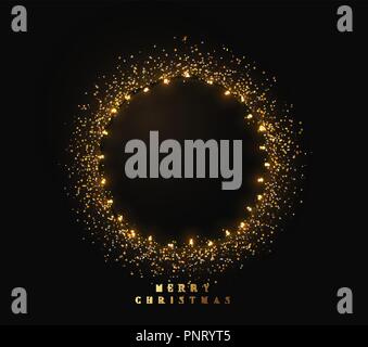 Cadre rond brillant de l'or sur fond noir. Sparkle golden guirlandes. Anneau de lumière magique. Feu lumineux de Noël scintillent. Décoration de Noël couronne rayonnante. Vector illustration isolé réaliste Illustration de Vecteur