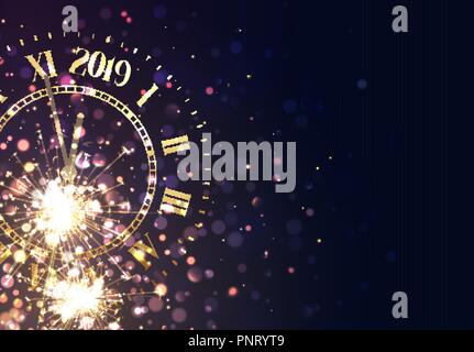 2019 Nouveau fond d'années or vintage réveil lumineux temps rapport cinq minutes avant minuit. Illustration de Vecteur