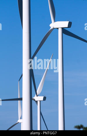 Gallo, Pico, Tineo Asturies. Voir des pales du rotor, le moyeu et la nacelle de trois moulins à vent avec une partie de leurs pylônes. Banque D'Images