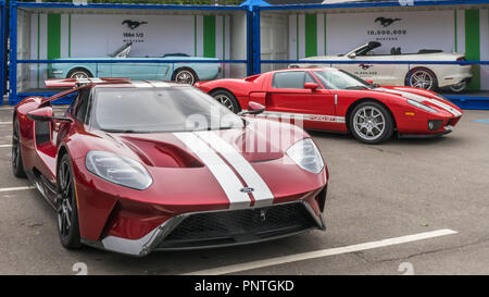 ROYAL OAK, MI/USA - 17 août 2018 : UN 2017 et 2005 Ford GT, la première Mustang 1964 1/2 et 10 millionième Mustang à la Woodward Dream Cruise. Banque D'Images