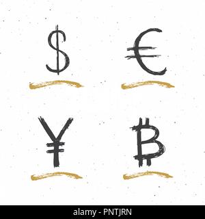 Dollar, Euro, Yen et icône de signe Bitcoin lettrage pinceau calligraphique, symboles, Grunge vector illustration. Illustration de Vecteur