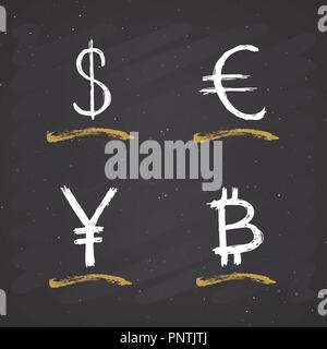Dollar, Euro, Yen et icône de signe Bitcoin lettrage pinceau calligraphique, symboles, Grunge vector illustration sur tableau arrière-plan. Illustration de Vecteur