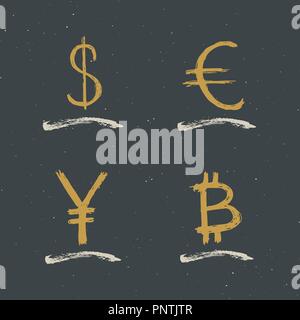 Dollar, Euro, Yen et icône de signe Bitcoin lettrage pinceau calligraphique, symboles, Grunge vector illustration. Illustration de Vecteur