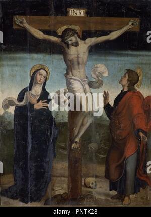 CALVARIO - DETALLE DEL RETABLO DE LA IGLESIA DE Santo Tomás CANTUARIENSE - SIGLO XVI - RENACIMIENTO ESPAÑOL. Auteur : CORREA DE VIVAR, JUAN. Lieu : Eglise de Santo Tomás CANTUARIENSE. Csnl. Toledo. L'ESPAGNE. Banque D'Images