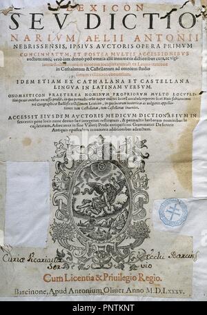 Elio Antonio de Nebrija, (1441-1522). Humaniste espagnol. Lexique sev dictionarium Aeli Antonii Nebrissensis ipsus autoria opera primum. Couvercle. Latin-Catalan-dictionnaire castillan, corrigé et modifié par Antic Roca. Imprimé et publié à Barcelone en 1585. Banque D'Images