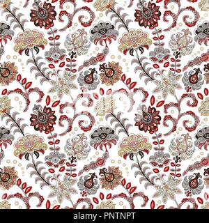 Hand drawn seamless flower pattern. Modèle transparent coloré avec fantaisie fleurs et feuilles. Doodle style. Parfait pour le textile, conception de la couverture. Illustration de Vecteur