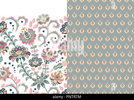 Ensemble de deux motif floral transparent horizontal avec paisley et fantasy fleurs frontière. La texture à la main pour les vêtements, les draps, le tissu de la robe etc. gris rose pastel Illustration de Vecteur