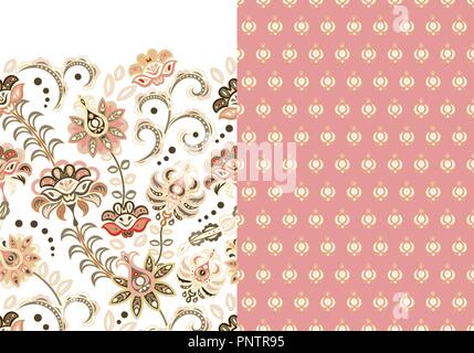 Ensemble de deux motif floral transparent horizontal avec paisley et fantasy fleurs frontière. La texture à la main pour les vêtements, les draps, le tissu de la robe rose Beige etc.. Illustration de Vecteur