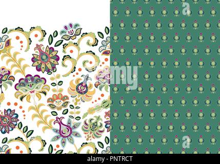 Ensemble de deux motif floral transparent horizontal avec paisley et fantasy fleurs frontière. La texture à la main pour les vêtements, les draps, le tissu de la robe etc. couleurs tendance 2018 Illustration de Vecteur