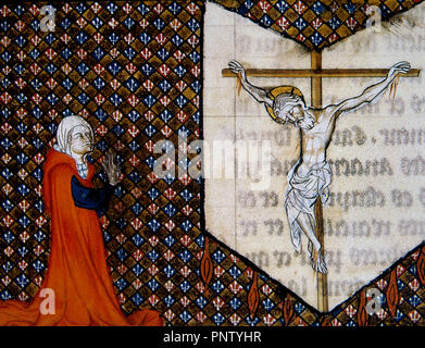 Monde miniature représentant une femme priant à genoux devant le Christ. Traité de la Dévotion, 14e siècle. Musée Condé, Château de Chantilly. La France. Banque D'Images