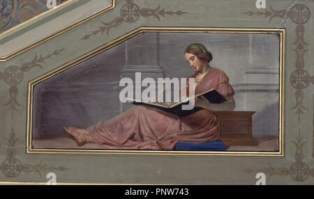 Murale PINTURA DEL TECHO DE UNA DE LAS SALAS DE PRESIDENCIA - Figura femenina QUE REPRÉSENTA LA ESCRITURA - 1849/56. Auteur : ESPALTER Y RULL JOAQUIN. Emplacement : CONGRESO DE LOS DIPUTADOS-PINTURA. MADRID. L'ESPAGNE. Banque D'Images