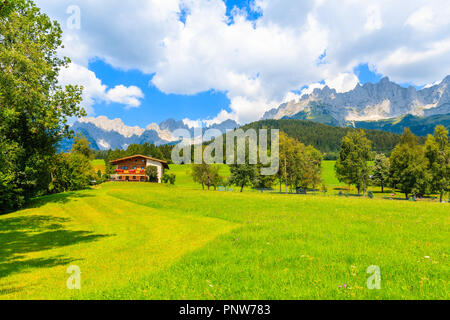 En bois typique maison alpine contre alpes contexte le pré vert à Going am Wilden Kaiser village aux beaux jours de l'été, Tyrol, Autriche Banque D'Images