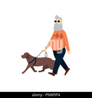 Les aveugles avec chien-guide. Vieil homme vision altérée. Personne âgée avec la cécité à marche. Illustration de Vecteur