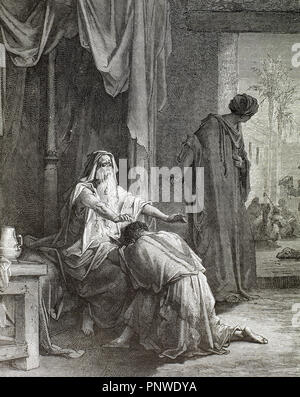 Ancien Testament. Livre de la Genèse. Le patriarche hébreu Isaac, le fils unique d'Abraham et Sarah. Isaac bénit Jacob, son fils et l'envoie à la Mésopotamie. Gravure de Gustave Dore. 19e siècle. Banque D'Images