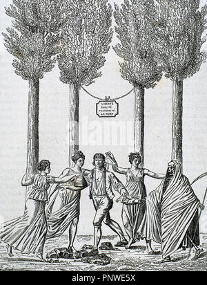 Allégorie de la Révolution française. Citoyen français, les yeux bandés, essayant de prendre la liberté, d'égalité et de fraternité, qui se moque en l'exposant à trébucher sur les roches, automne, ou rencontrer la mort. La gravure. Banque D'Images