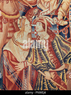 La tapisserie flamande de Tournai. 16e siècle. Détail d'un noble portugais et natif de Indies. Banque D'Images