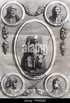 Conquérants et conquis. Moctezuma II (1467-1520), Hernan Cortes (1485-1547), Pedro de Alvarado (1485-1541), Gonzalo de Sandoval (1497-1527) et d'Olid (1488-1524). Gravure italienne, 19e siècle. Banque D'Images