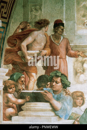 Raphaël, Raffaello Sanzio ou Santi, appelé (Urbino, 1483-Rome, 1520). Peintre italien. L'École d'Athènes. Détail de l'Épicure. Oeuvre commandée par le Pape Jules II en 1508 pour décorer leurs nouvelles chambres. Stanze di Raffaello. La cité du Vatican. Banque D'Images