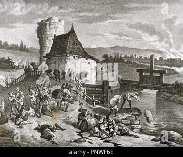 Thomas MUNTZER (1491-1525). Reformador alemán y lider révolutionnaire des paysans en la llamada "guerra de los campesinos Alemanes (1524-1525) '. Muntzer se unió a ellos en 1524. 'INCENDIOS Y SAQUEOS LLEVADOS A CABO POR MUNTZER Y SUS GENTES, DURANTE LA REBELION DE LOS CAMPESINOS'. Gravure del s. XIX. Banque D'Images