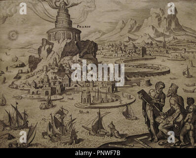 Sept Merveilles du monde antique. Phare d'Alexandrie. Gravure par Philippe Galle (1537-1612) après Martin van Heemskerck (1498-1574). 16e siècle. Le Nelson-Atkins Museum of Art de Kansas City. United States. Banque D'Images